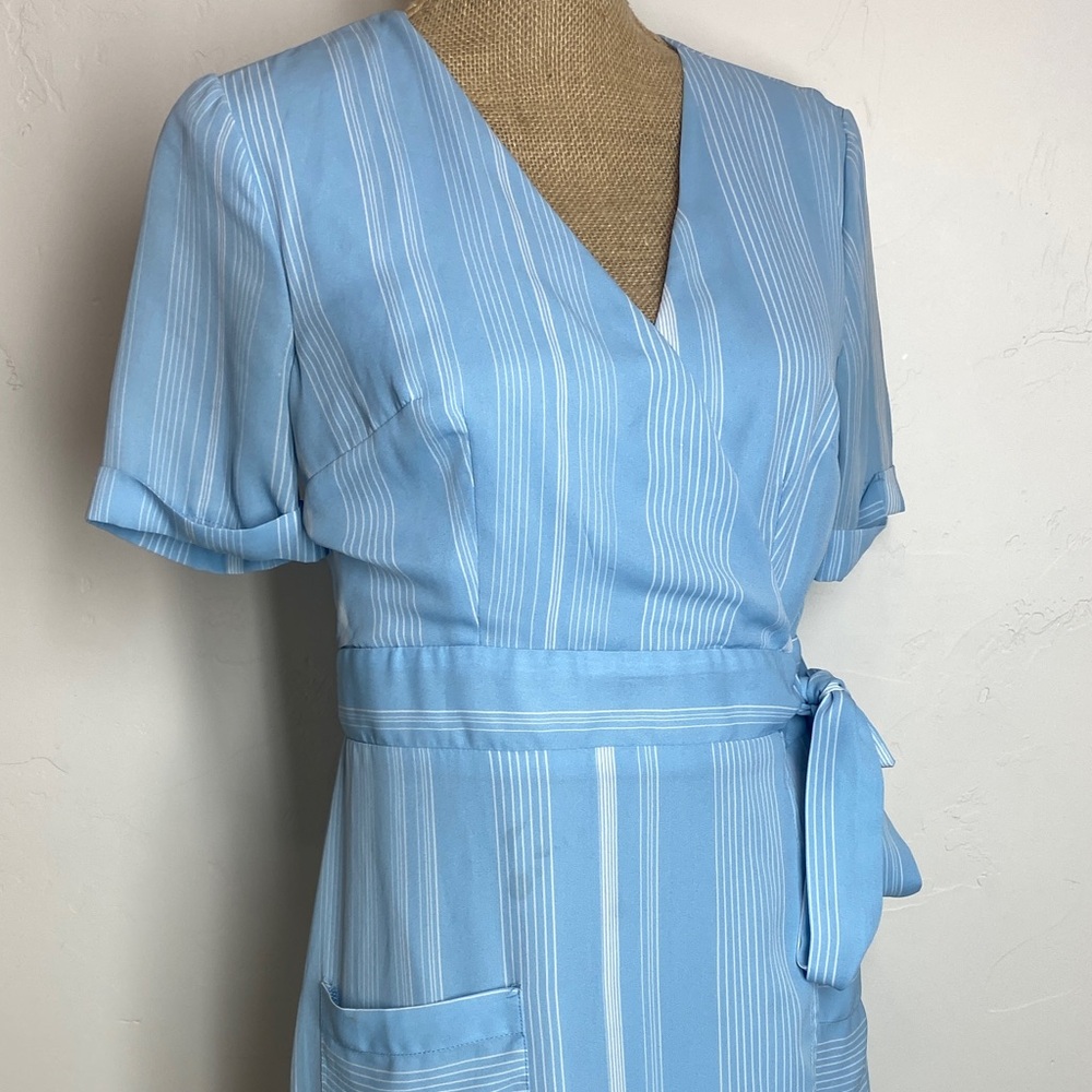 Blue Rain Sky Blue Striped Wrap Dress with Front Pockets